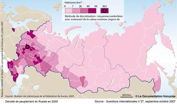 Densit de peuplement en Russie en 2005